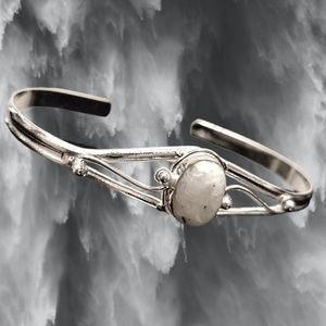 925 Sterling Silver Plated White Jasper Stone Cuff Bangle